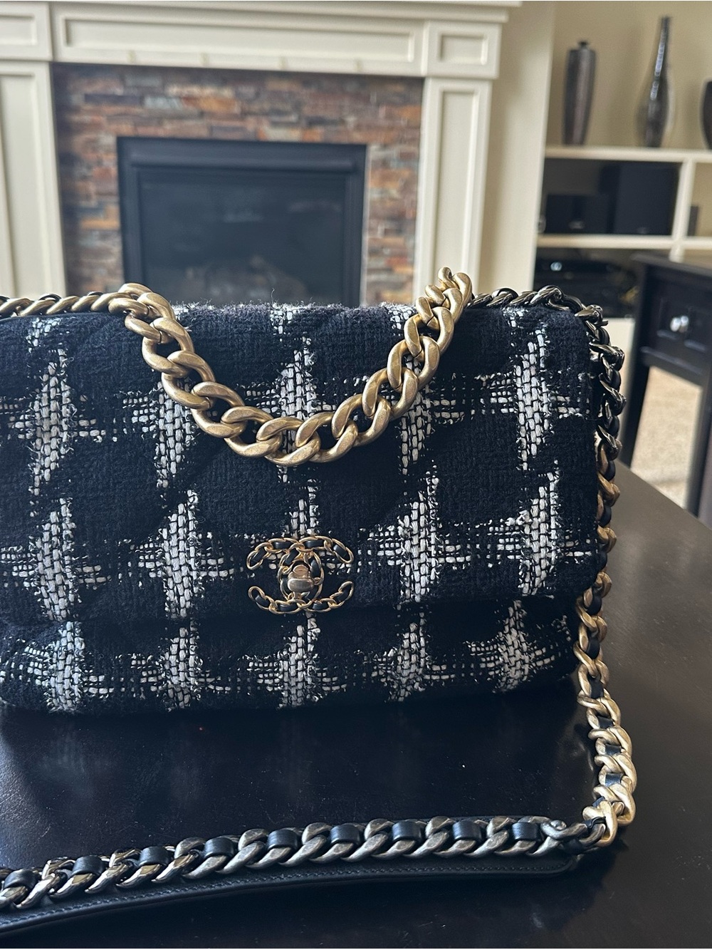 CHANEL Black and White Tweed Shoulder Bag with Gold Chain